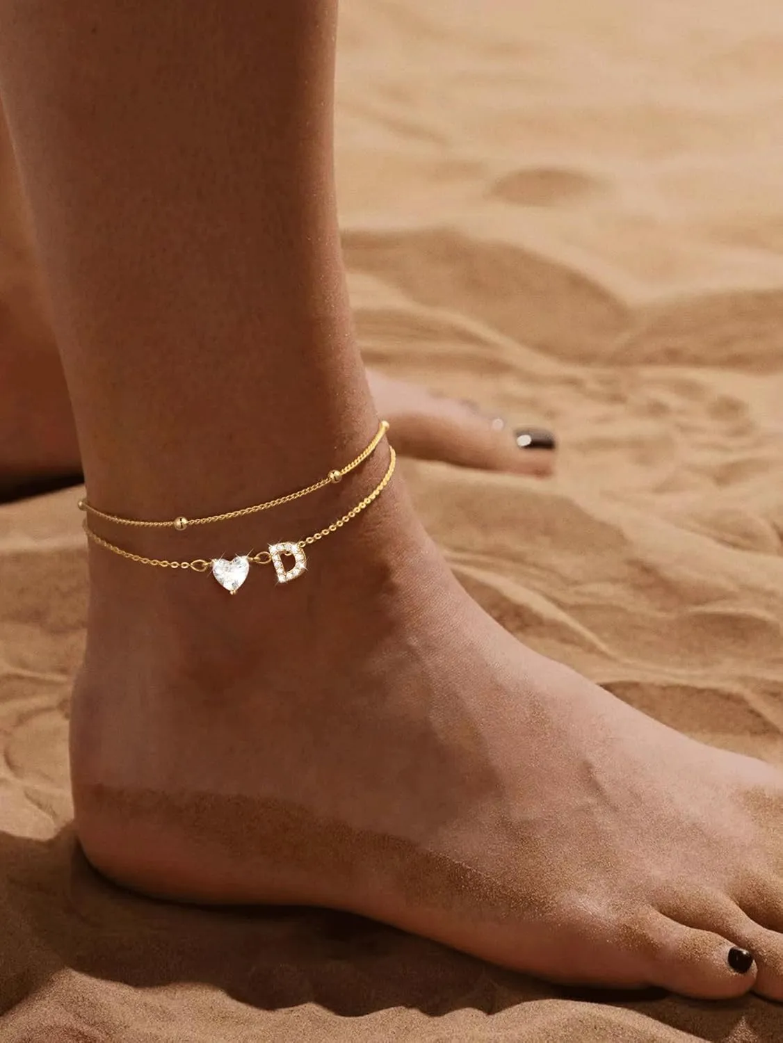 Gold Initial Ankle Bracelets for Women, 14K Gold Plated Dainty Love Heart CZ Trendy Layered Letter A-Z Waterproof Anklets Fashion Jewelry Gift for Women