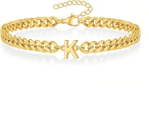 Gold Initial Bracelets for Men, 18K Gold Plated Cuban Link Chain Adjustable Charm Bracelets Jewelry Gifts for Men