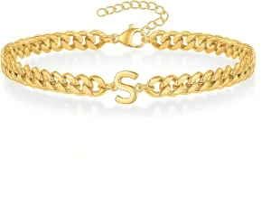Gold Initial Bracelets for Men, 18K Gold Plated Cuban Link Chain Adjustable Charm Bracelets Jewelry Gifts for Men
