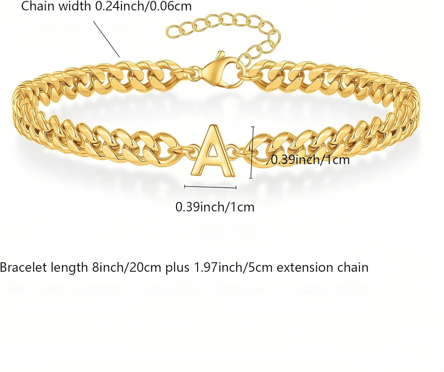 Gold Initial Bracelets for Men, 18K Gold Plated Cuban Link Chain Adjustable Charm Bracelets Jewelry Gifts for Men