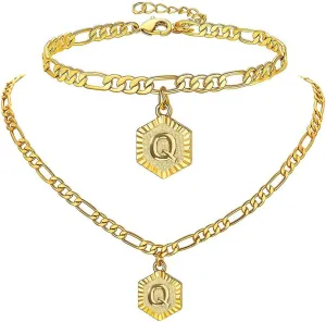 Gold Initial Pendant Necklace Anklet Bracelet 18K Gold Plated Stainless Steel Letter Anklet Bracelet Alphabet Foot Jewelry for Women Girls