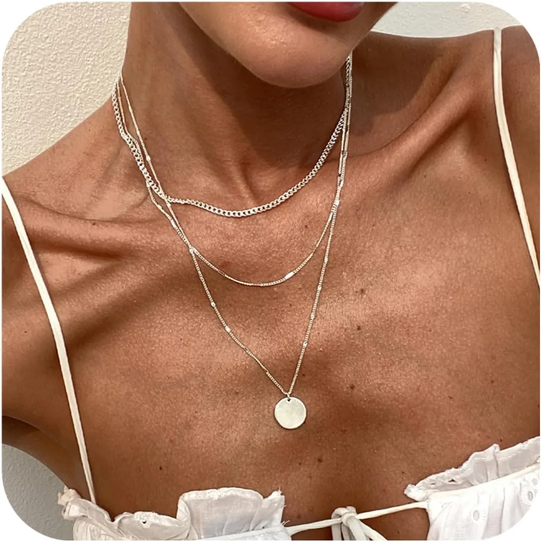Gold Layered Necklaces for Women 14K Gold/Silver Chunky Cuban Layering Choker Simple Stackable Coin Pendant Herringbone Snake Paperclip Link Chain Necklace