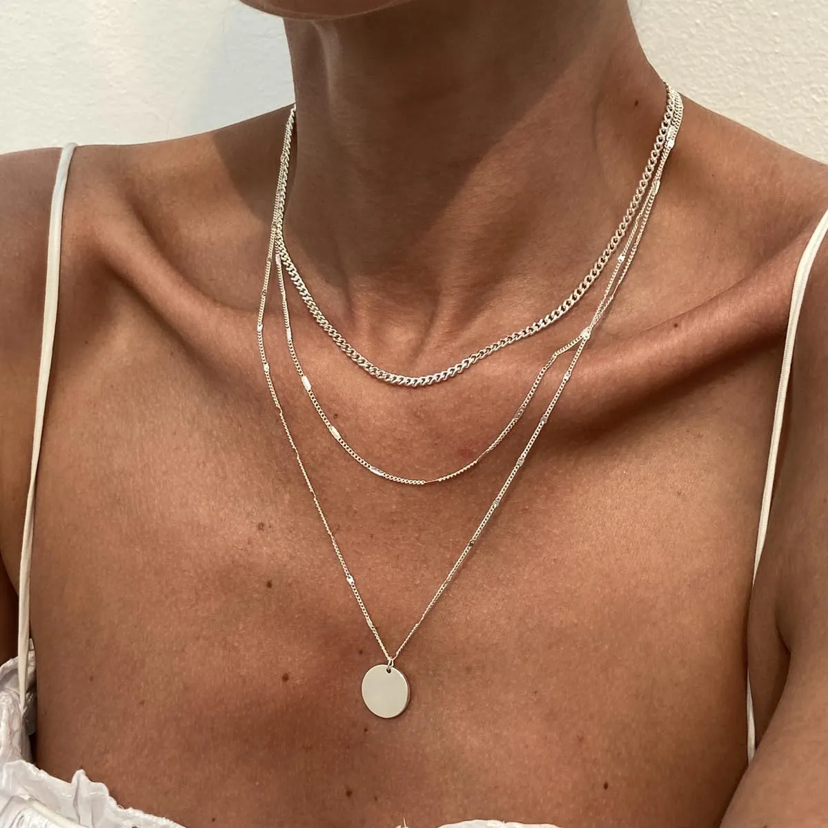 Gold Layered Necklaces for Women 14K Gold/Silver Chunky Cuban Layering Choker Simple Stackable Coin Pendant Herringbone Snake Paperclip Link Chain Necklace