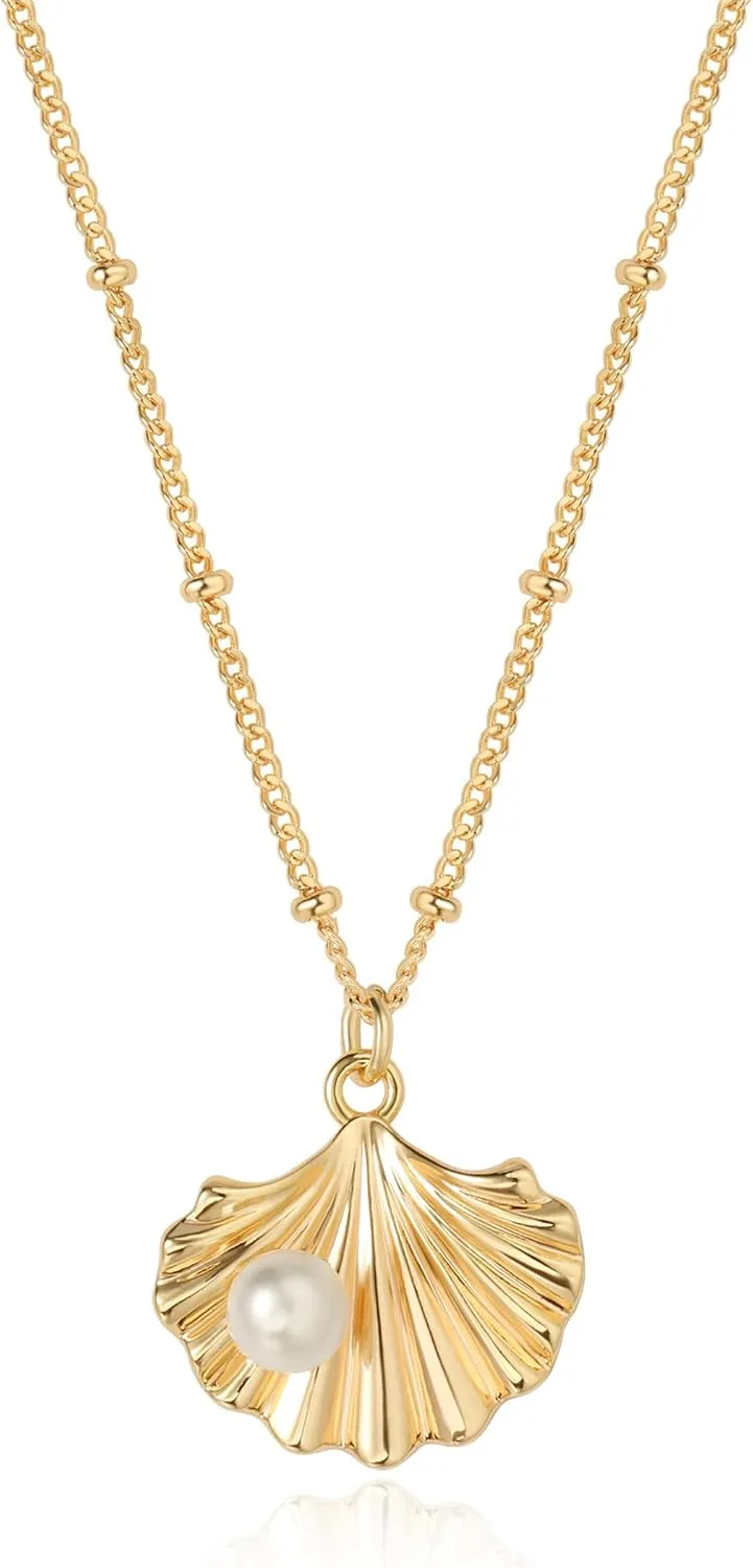 Gold Pendant Necklace for Women 14K Gold Plated Cubic Zirconia Simulated Pearl Ocean Starfish Seashell Charm Necklace Handmade Gold Jewelry Gifts