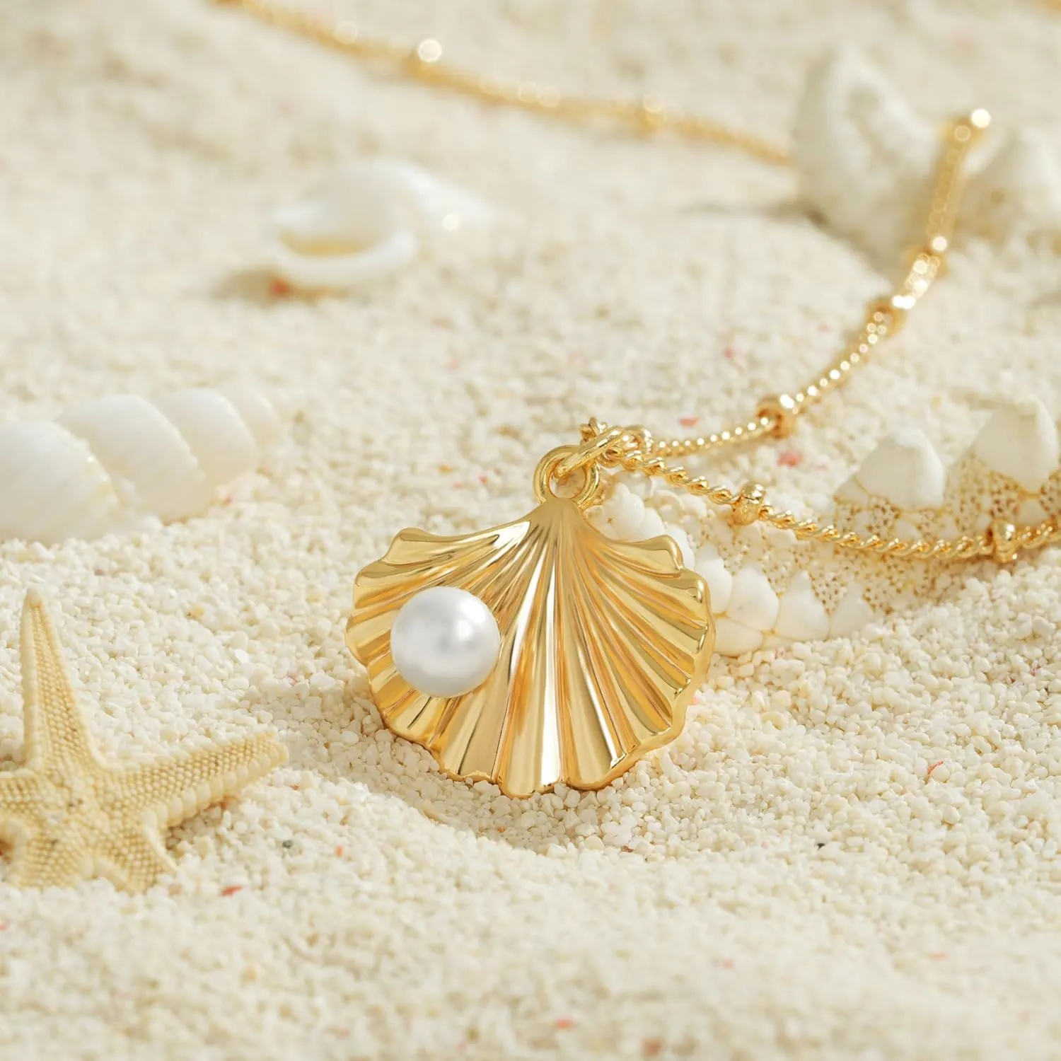 Gold Pendant Necklace for Women 14K Gold Plated Cubic Zirconia Simulated Pearl Ocean Starfish Seashell Charm Necklace Handmade Gold Jewelry Gifts