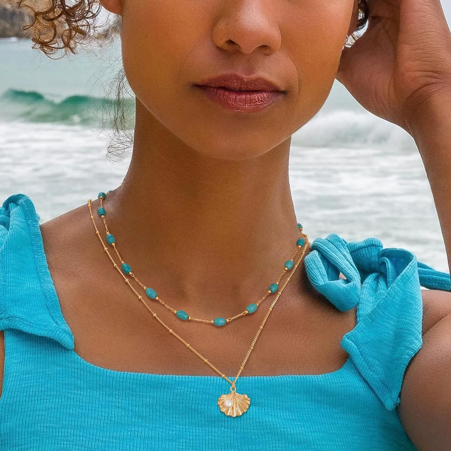 Gold Pendant Necklace for Women 14K Gold Plated Cubic Zirconia Simulated Pearl Ocean Starfish Seashell Charm Necklace Handmade Gold Jewelry Gifts