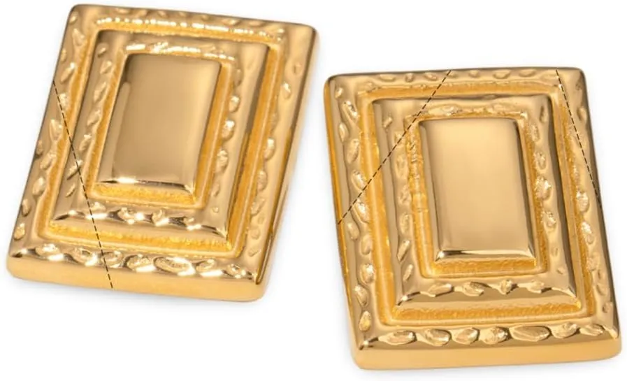 Gold-Plated Stainless Steel Geometric Rectangular Triple Layered Stud Earrings