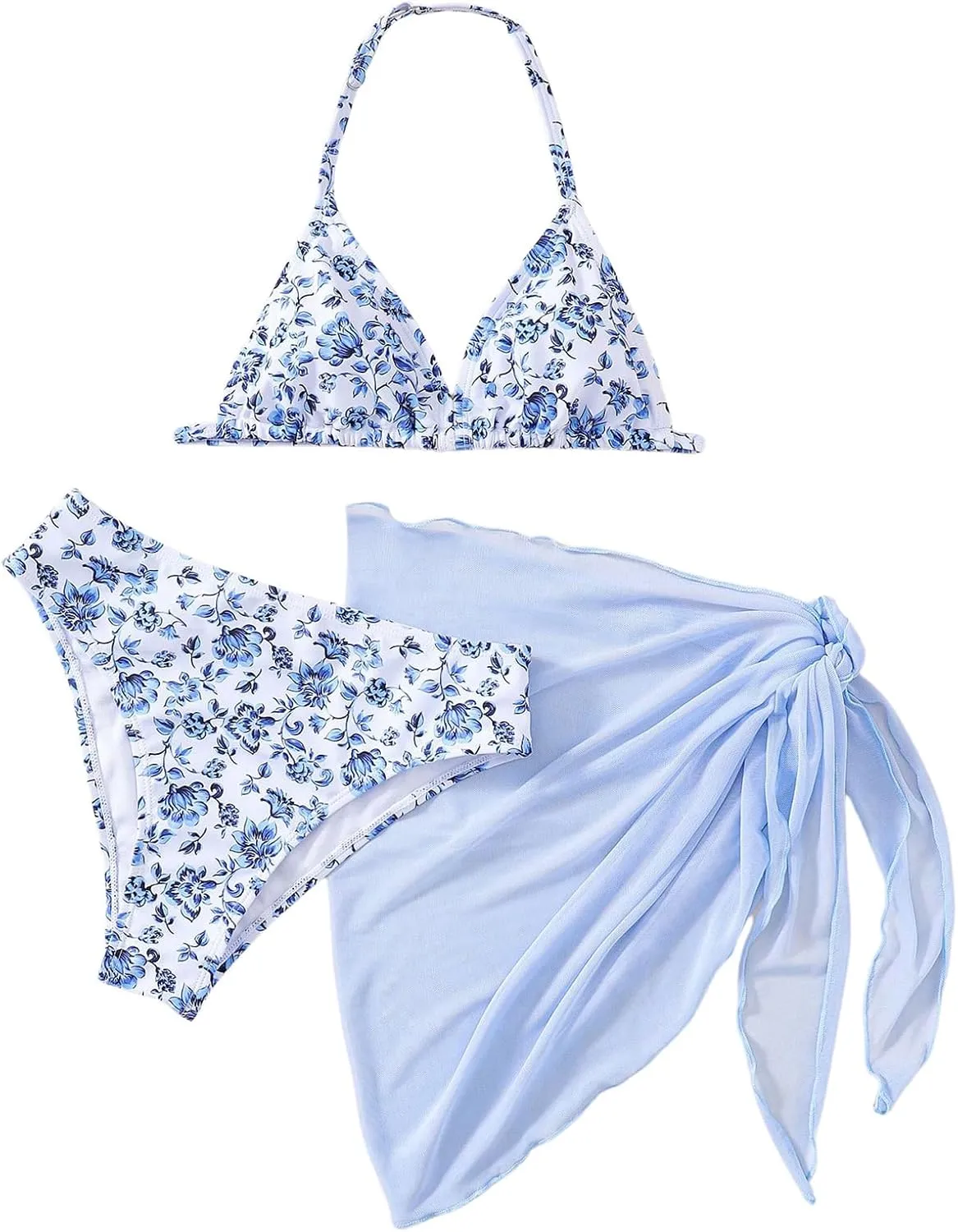 GORGLITTER Girl's 3 Piece Swimsuits Floral Halter Bikini Set Triangle Bathing Suit with Sarong Wraps