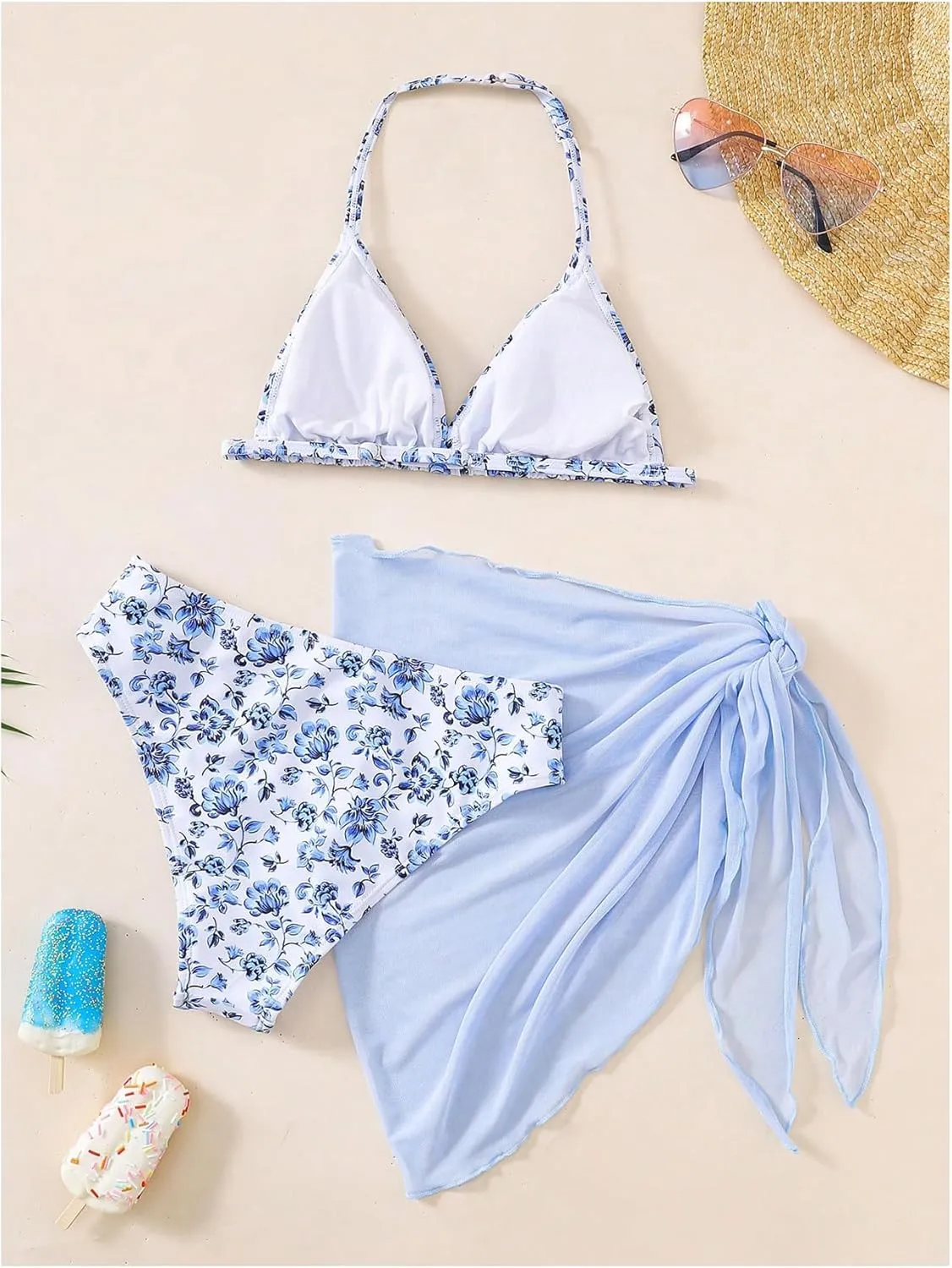 GORGLITTER Girl's 3 Piece Swimsuits Floral Halter Bikini Set Triangle Bathing Suit with Sarong Wraps