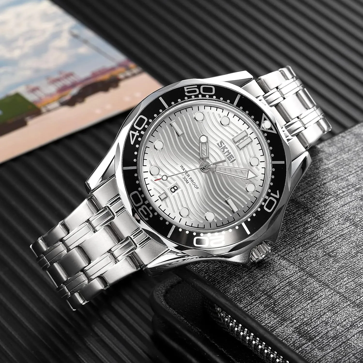 Gosasa Business Casual Mens Watches Rotatable Bezel Luminous Hands Analog Quartz Wristwatch Stainless Steel Silicone Strap Watch for Men