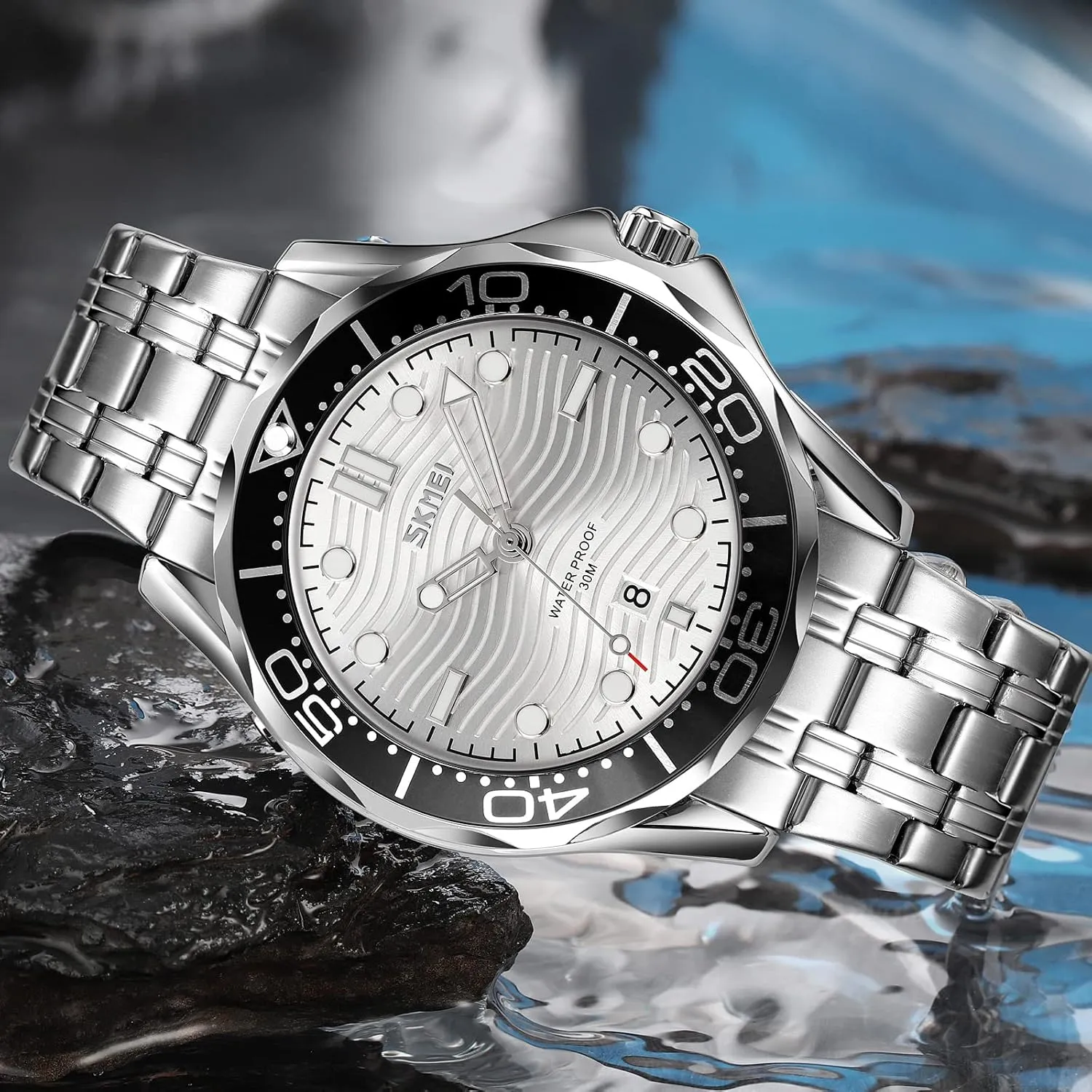 Gosasa Business Casual Mens Watches Rotatable Bezel Luminous Hands Analog Quartz Wristwatch Stainless Steel Silicone Strap Watch for Men