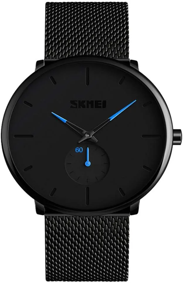 Gosasa Mens Watches Ultra Thin Wrist Watches for Men Minimalist Waterproof Quartz Analog Stainless Steel Mesh Band Watch (Blue)