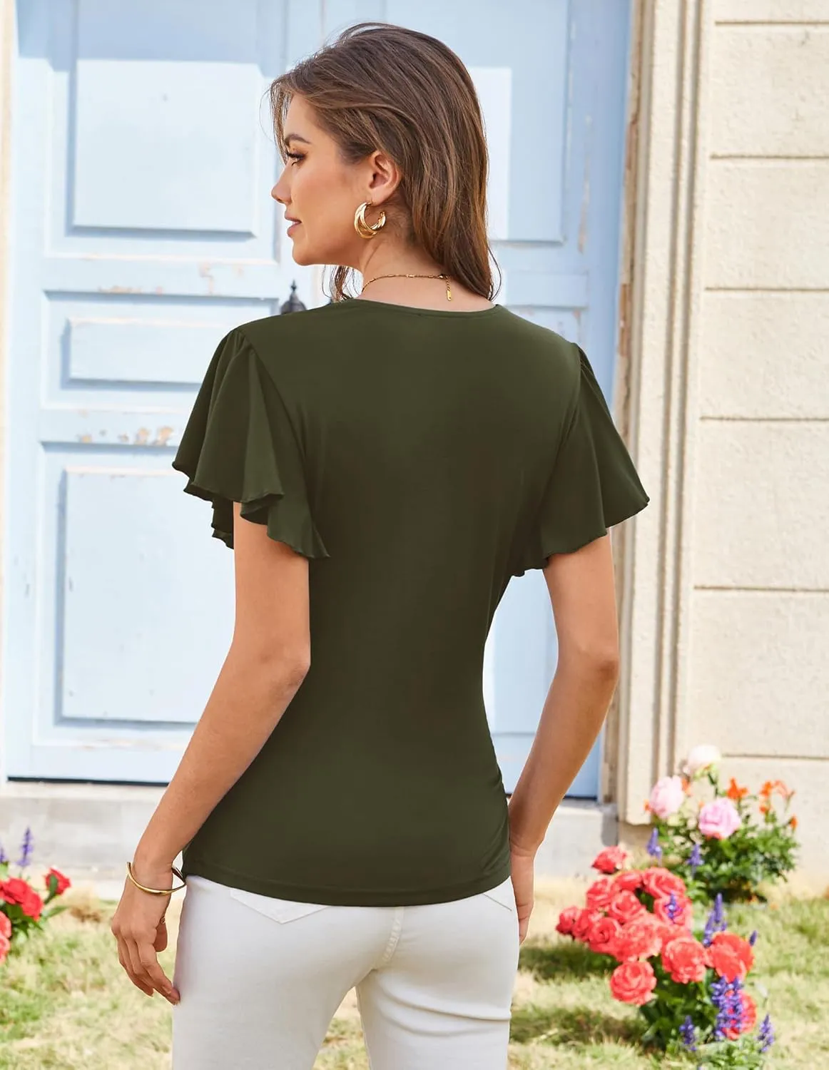 GRACE KARIN 2025 Womens Tops Summer Wrap Blouse V Neck Ruffle Sleeve Dressy Casual Top Ruched Trendy Clothes