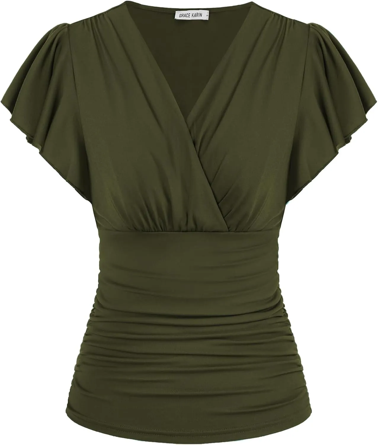 GRACE KARIN 2025 Womens Tops Summer Wrap Blouse V Neck Ruffle Sleeve Dressy Casual Top Ruched Trendy Clothes