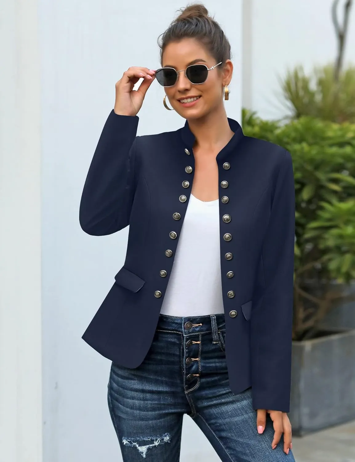 GRAPENT Women's Business Casual Buttons Pockets Open Front Blazer Suit Cardigan