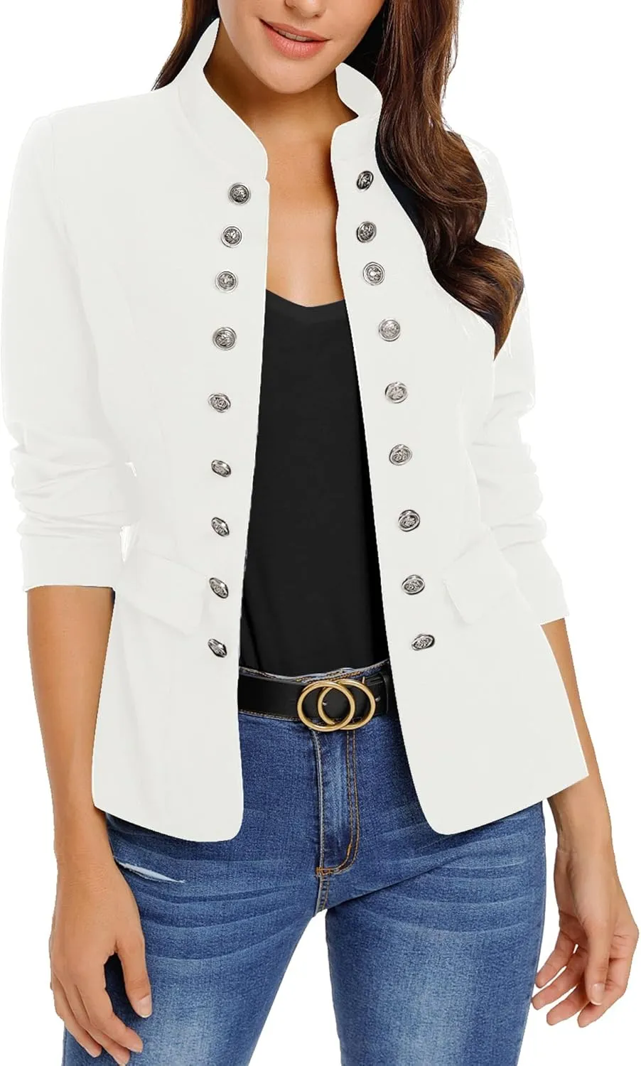 GRAPENT Women's Business Casual Buttons Pockets Open Front Blazer Suit Cardigan