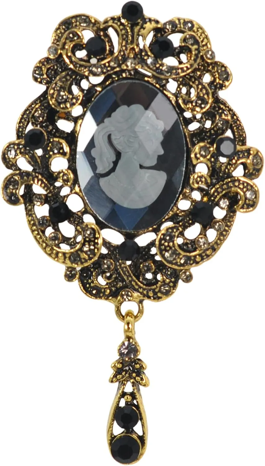 Gyn&Joy Antique Golden Tone Black Crystal Rhinestone Victorian Floral Vintage Grey Cameo Brooch Pin