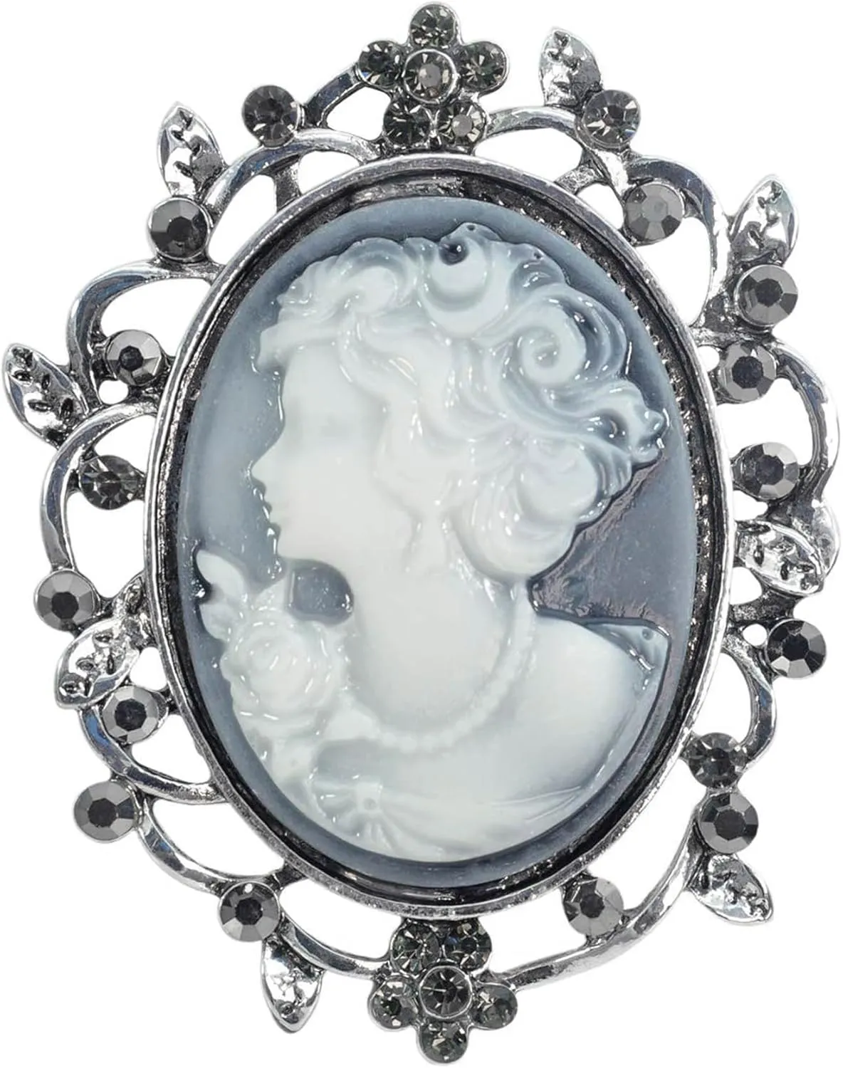 Gyn&Joy Womens Antique Old Silvery Tone Victorian Floral Cameo Vintage Brooch Pin