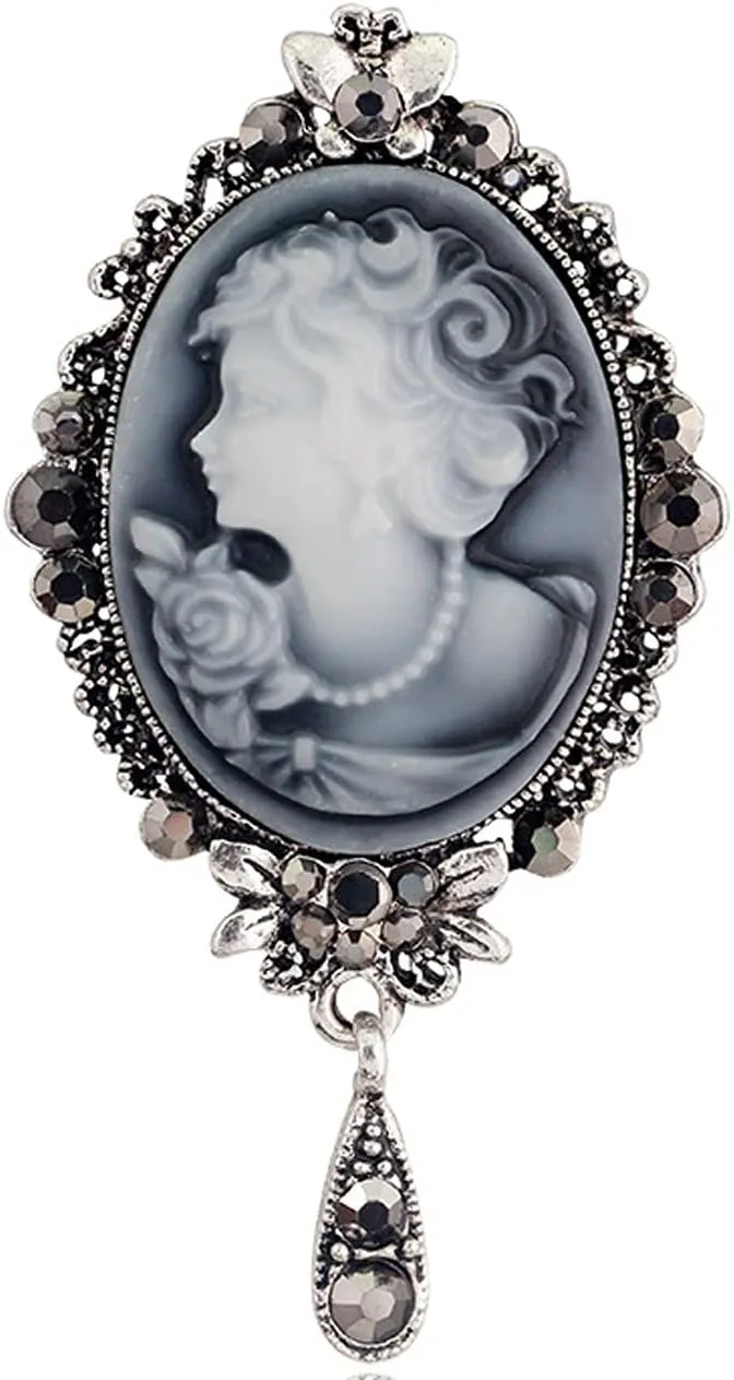 Gyn&Joy Womens Rhinestones Grey Purple Vintage Antique Tear Drop Cameo Lady Brooch Pin