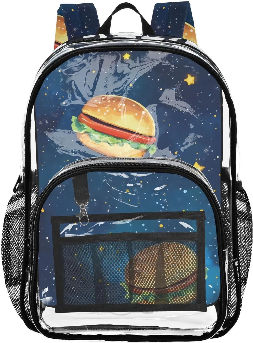 Hamburger in Sky Clear Plastic Backpack - Transparent PVC Heavy Duty Bag with Large Main Pocket and Mesh Pockets - Ideal for School, Travel, Outings - Clear Backpack for Everyday Use