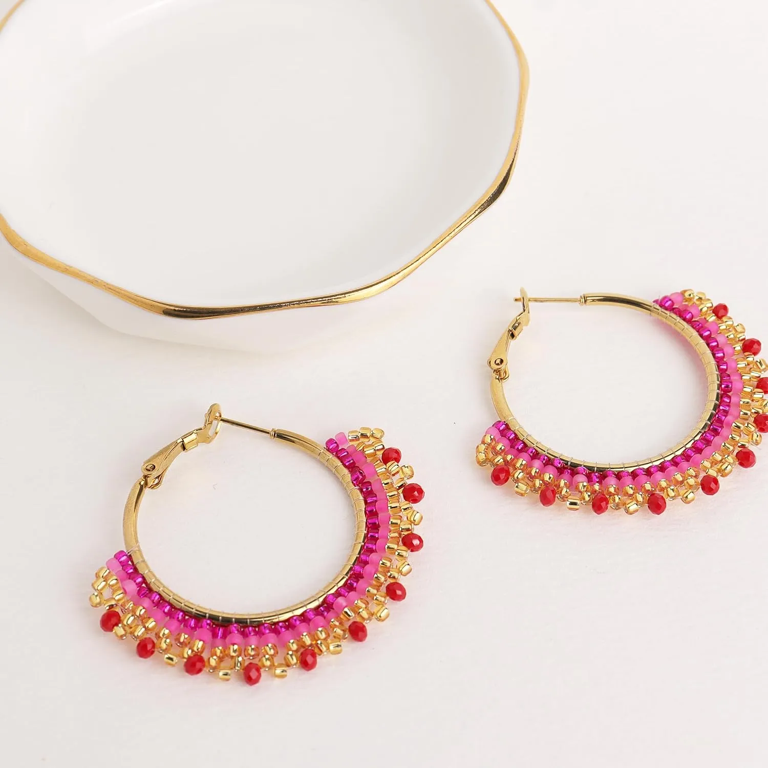 Handmade Boho Beaded Large Gold Hoop Earrings for Women, Statement Colorful Handwoven Bohemian Seed Beads Huggie Earrings Cartilage Hypoallergenic Prom Holiday Jewelry Gift
