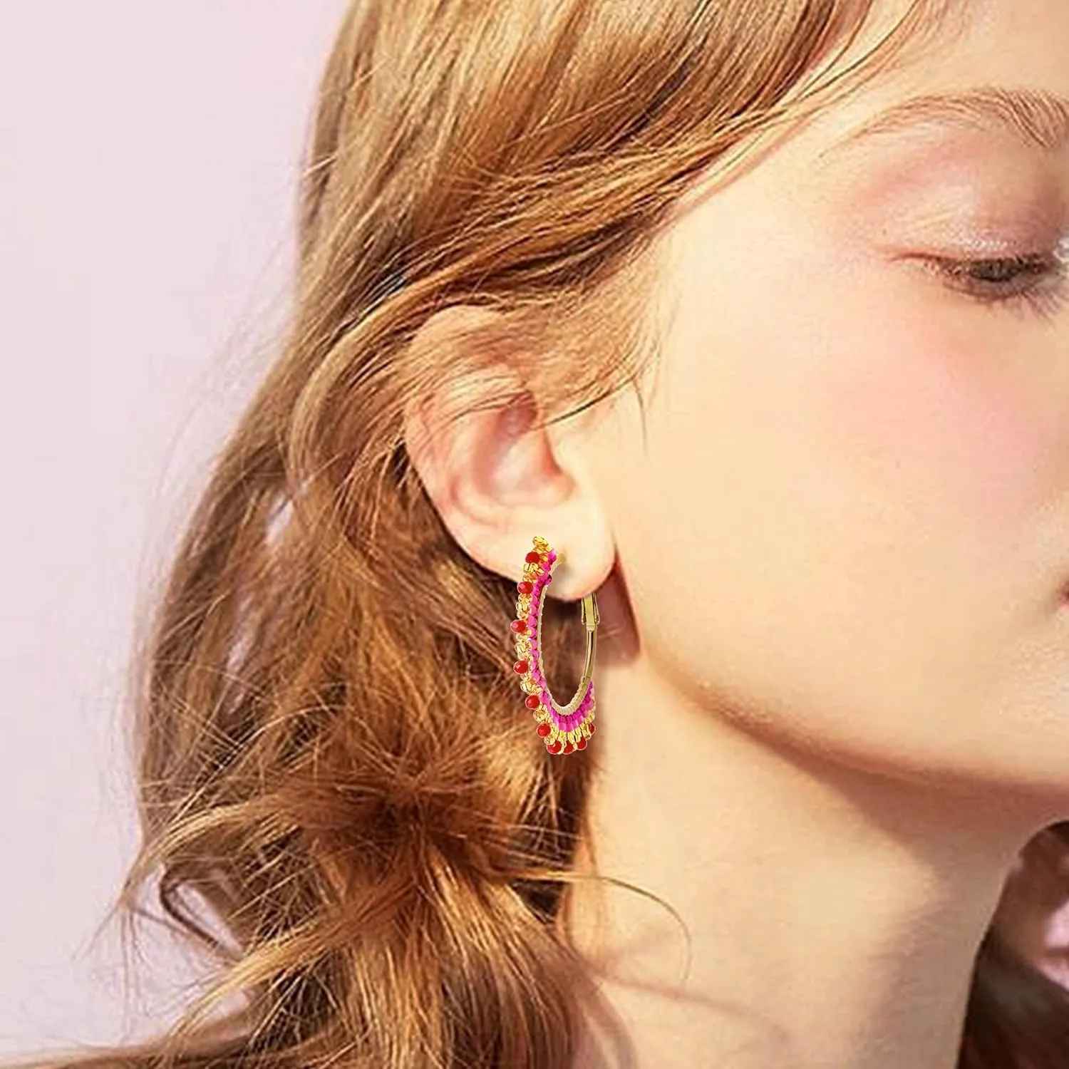 Handmade Boho Beaded Large Gold Hoop Earrings for Women, Statement Colorful Handwoven Bohemian Seed Beads Huggie Earrings Cartilage Hypoallergenic Prom Holiday Jewelry Gift