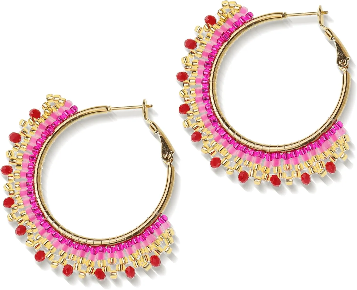 Handmade Boho Beaded Large Gold Hoop Earrings for Women, Statement Colorful Handwoven Bohemian Seed Beads Huggie Earrings Cartilage Hypoallergenic Prom Holiday Jewelry Gift