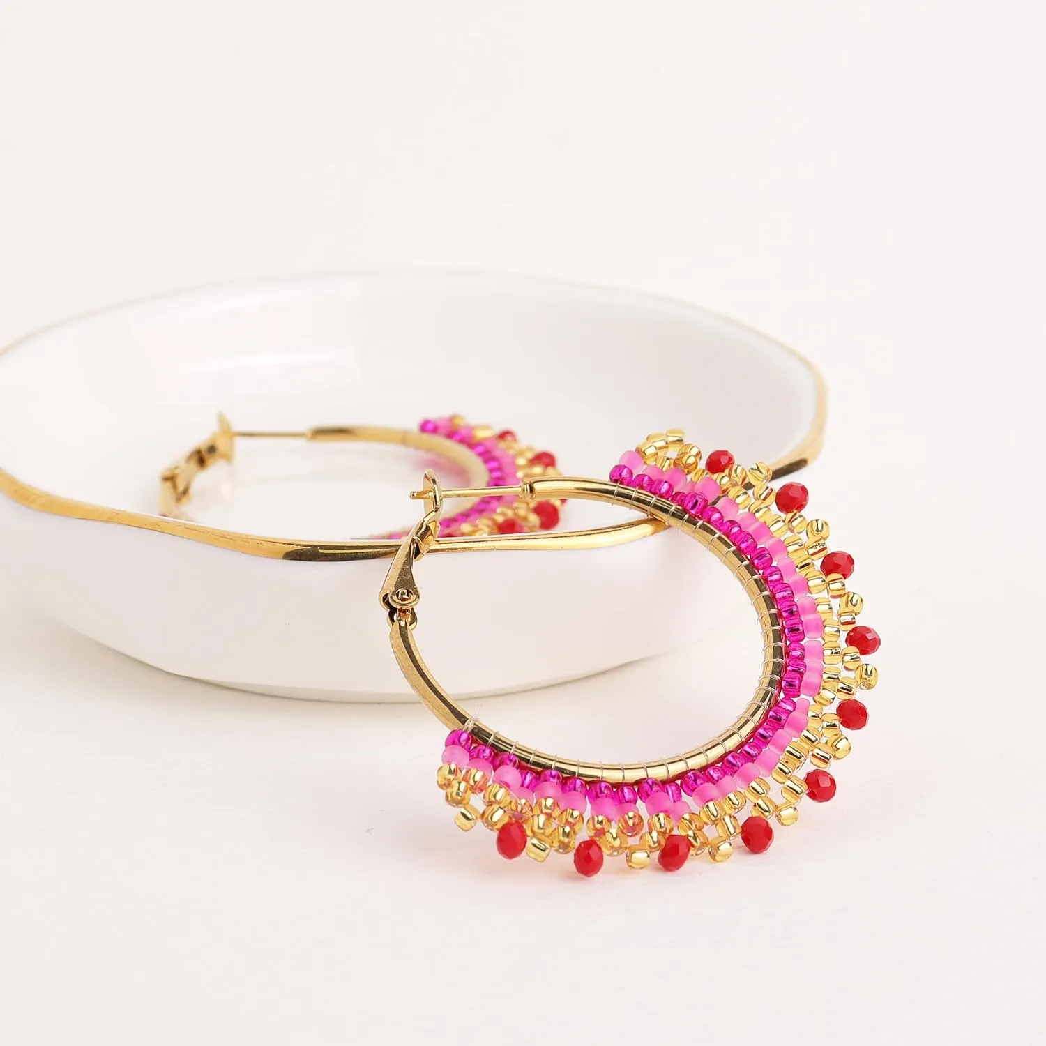Handmade Boho Beaded Large Gold Hoop Earrings for Women, Statement Colorful Handwoven Bohemian Seed Beads Huggie Earrings Cartilage Hypoallergenic Prom Holiday Jewelry Gift