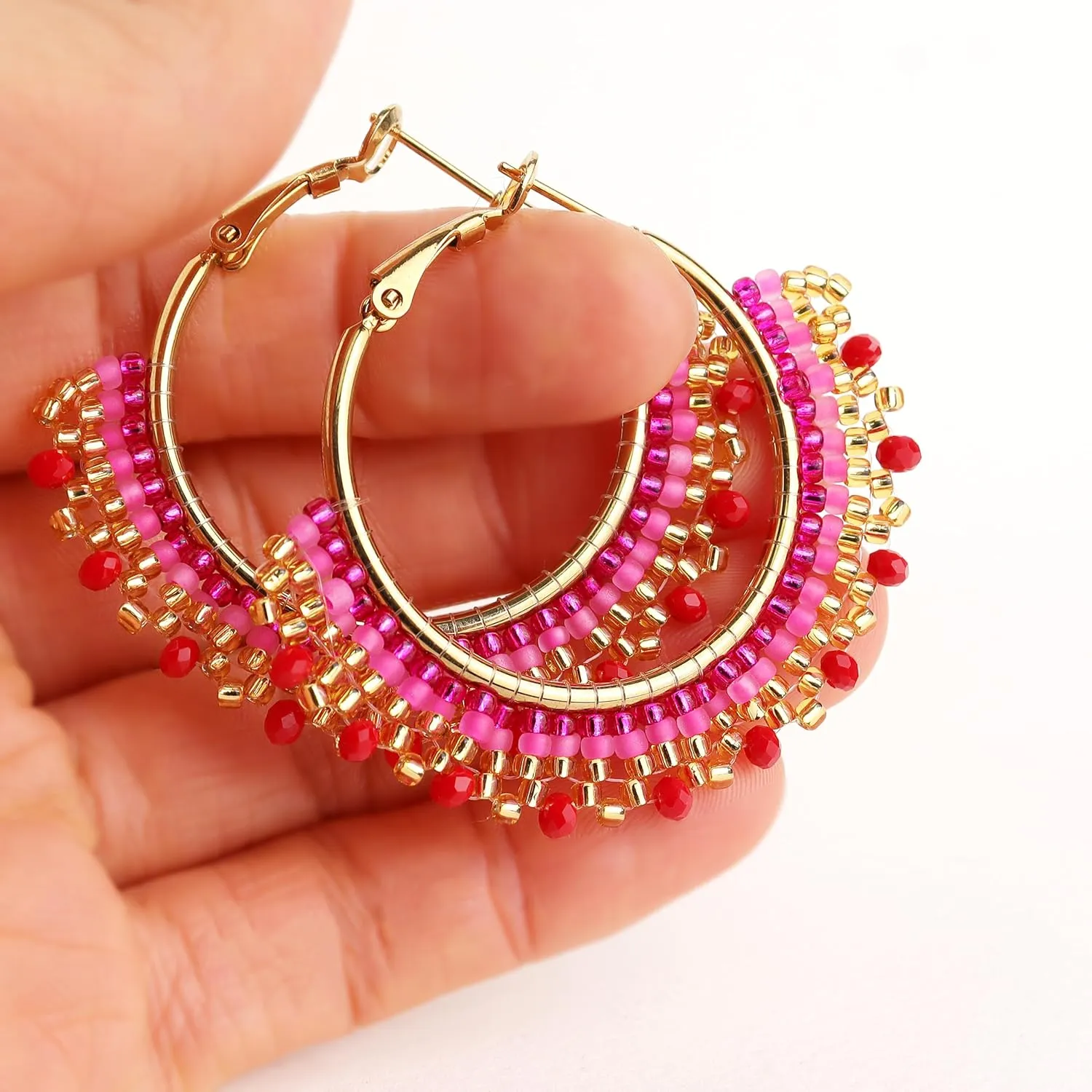 Handmade Boho Beaded Large Gold Hoop Earrings for Women, Statement Colorful Handwoven Bohemian Seed Beads Huggie Earrings Cartilage Hypoallergenic Prom Holiday Jewelry Gift