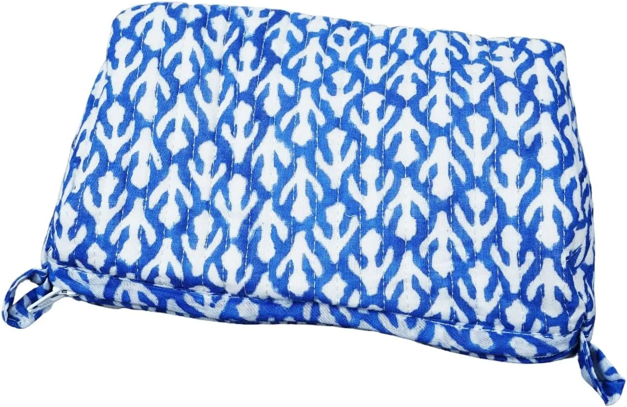 Handmade Cotton Quilted Handmade Floral Hand Block Print Toiletry Bag,Cosmetic Pouch Bag Makeup Bag For Women (Cotton, Blue -1)