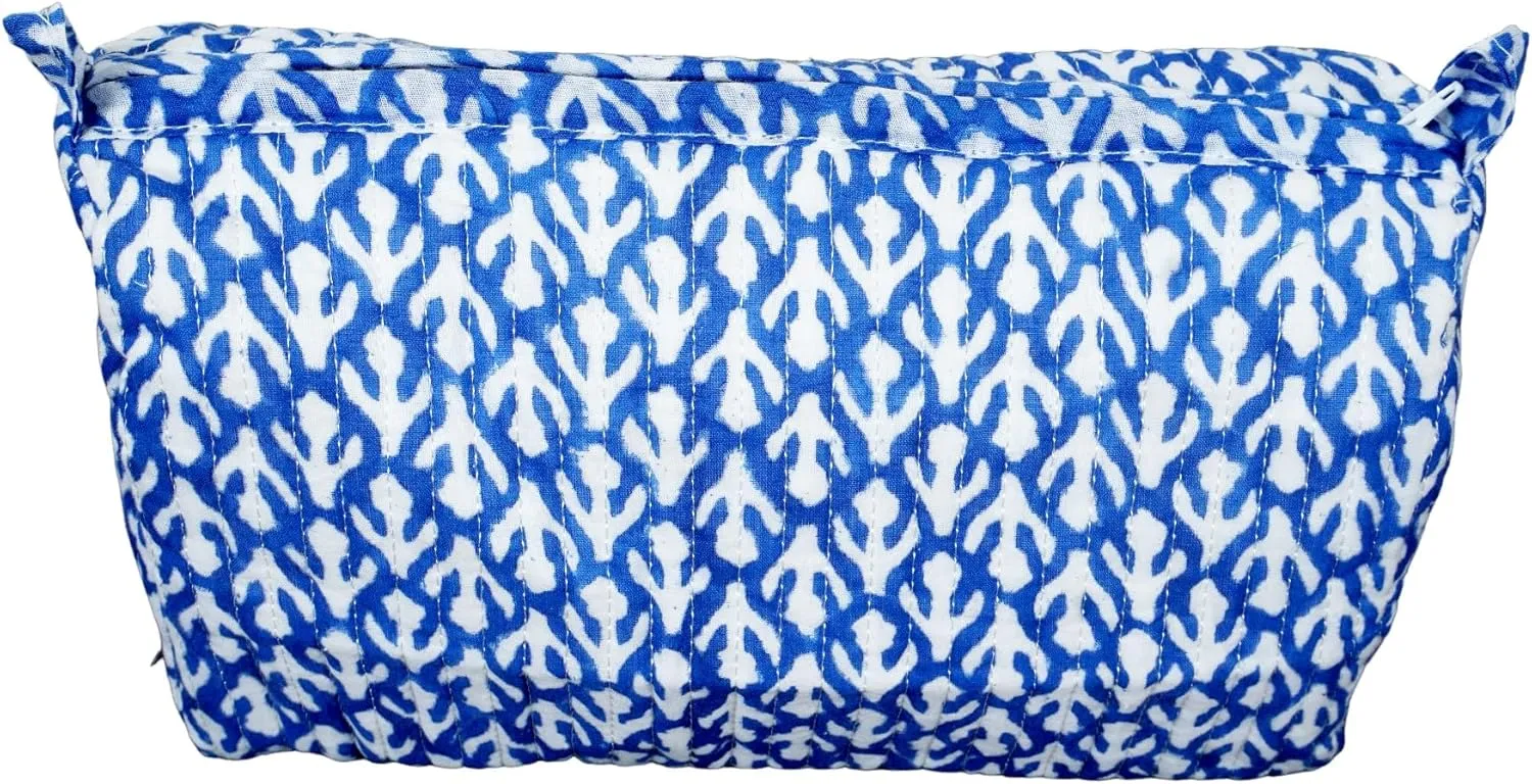 Handmade Cotton Quilted Handmade Floral Hand Block Print Toiletry Bag,Cosmetic Pouch Bag Makeup Bag For Women (Cotton, Blue -1)