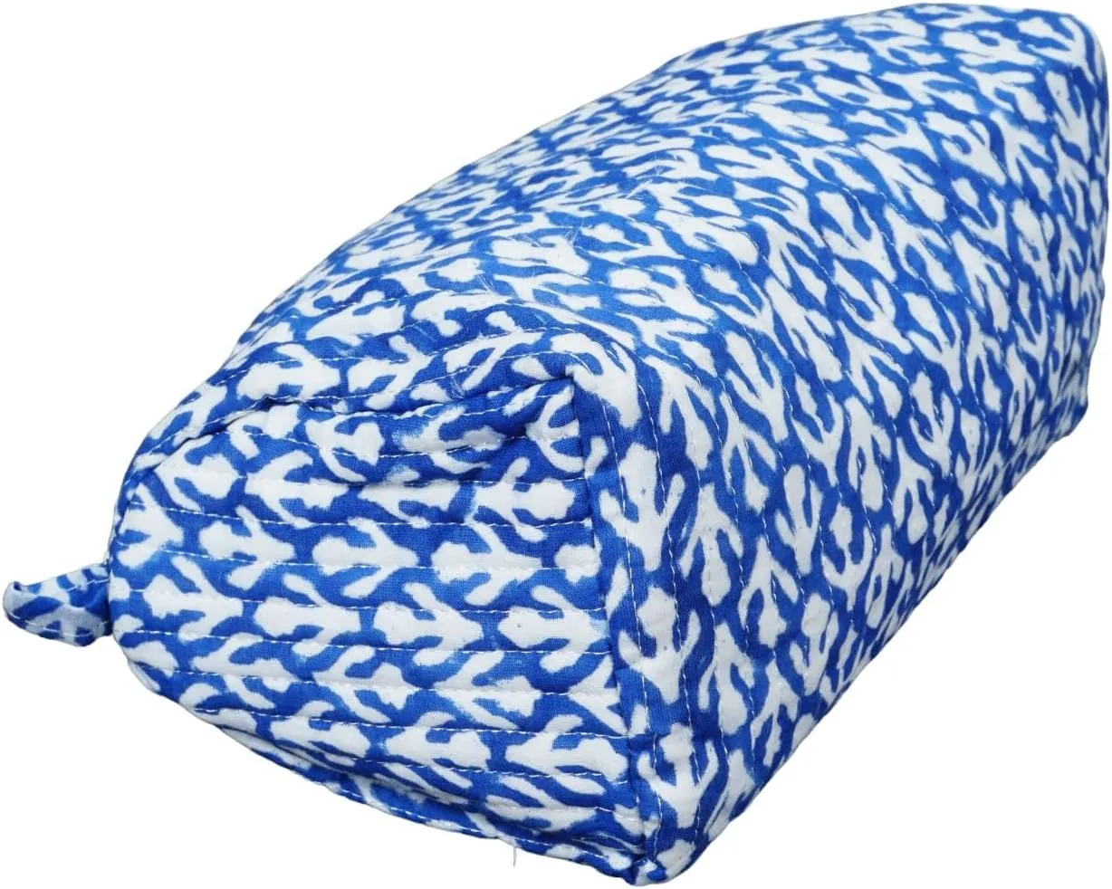 Handmade Cotton Quilted Handmade Floral Hand Block Print Toiletry Bag,Cosmetic Pouch Bag Makeup Bag For Women (Cotton, Blue -1)