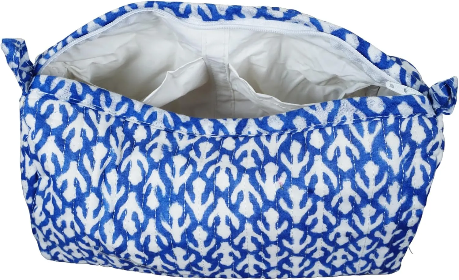 Handmade Cotton Quilted Handmade Floral Hand Block Print Toiletry Bag,Cosmetic Pouch Bag Makeup Bag For Women (Cotton, Blue -1)