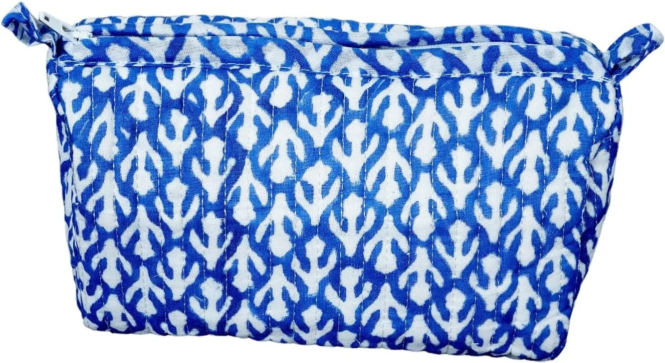 Handmade Cotton Quilted Handmade Floral Hand Block Print Toiletry Bag,Cosmetic Pouch Bag Makeup Bag For Women (Cotton, Blue -1)