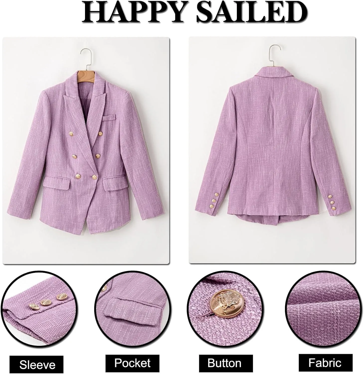 Happy Sailed Womens Tweed Blazers Casual Long Sleeve Double Breasted Open Front Blazer Jackets Work Suits