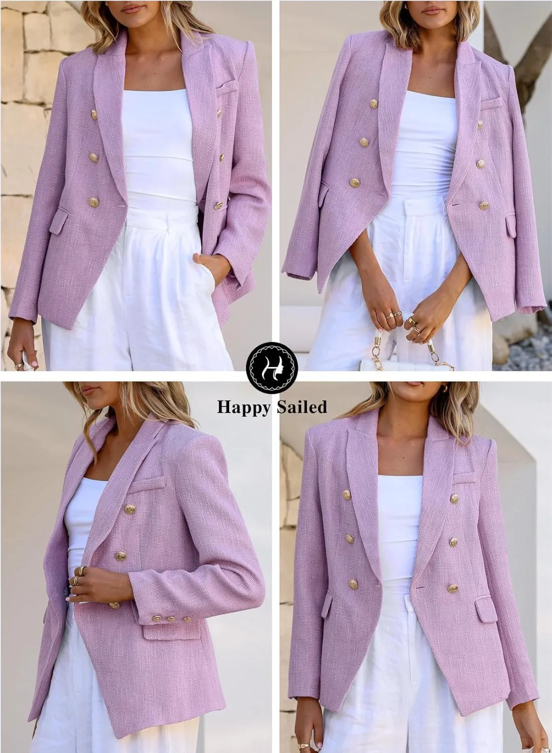 Happy Sailed Womens Tweed Blazers Casual Long Sleeve Double Breasted Open Front Blazer Jackets Work Suits