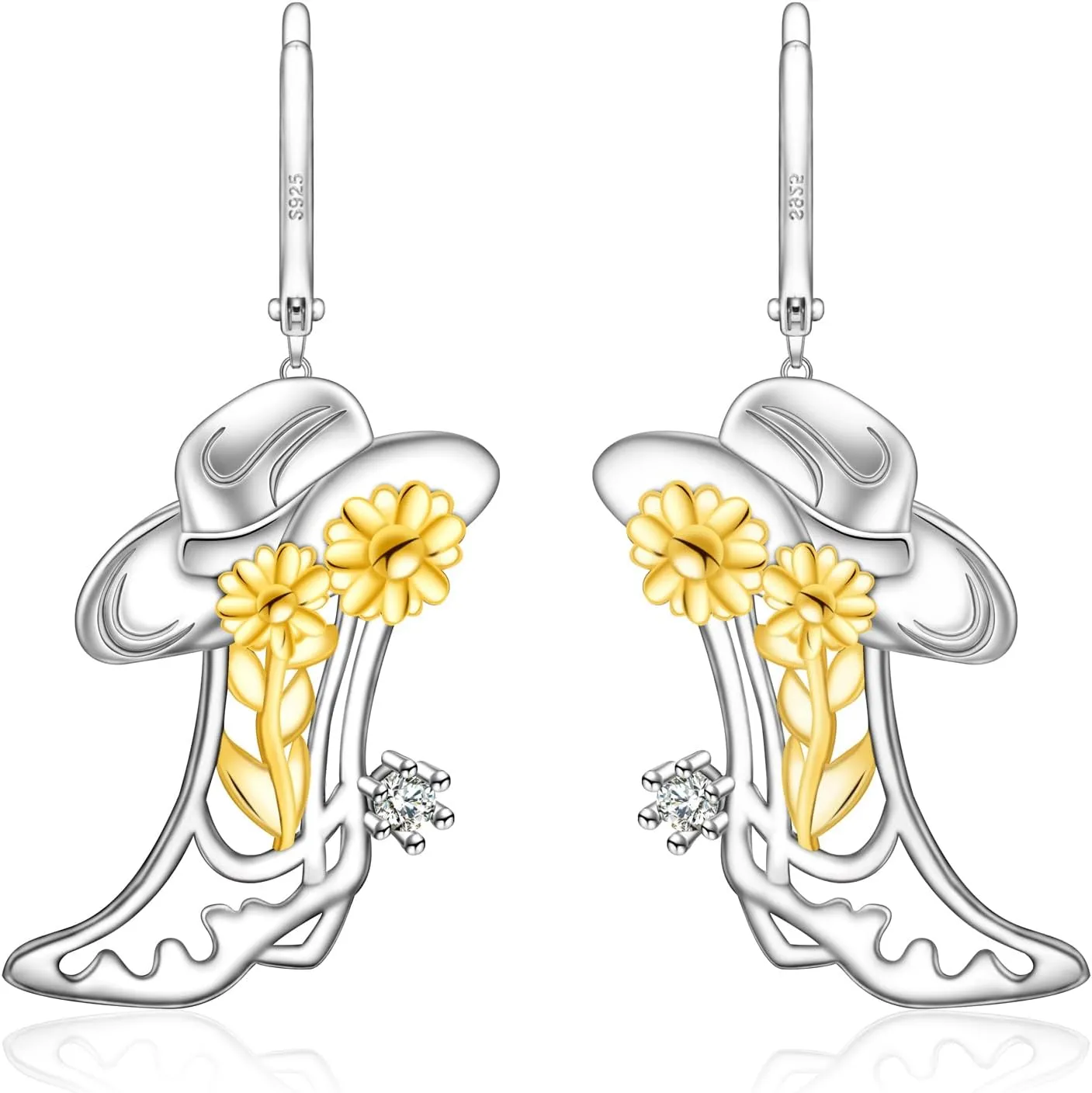 Hat Boot Earrings for Women - 925 Sterling Silver Boot Hoop Dangling Earring Hypoallergenic Western Country Danger Earring Jewerly Cowgirl Cowboy