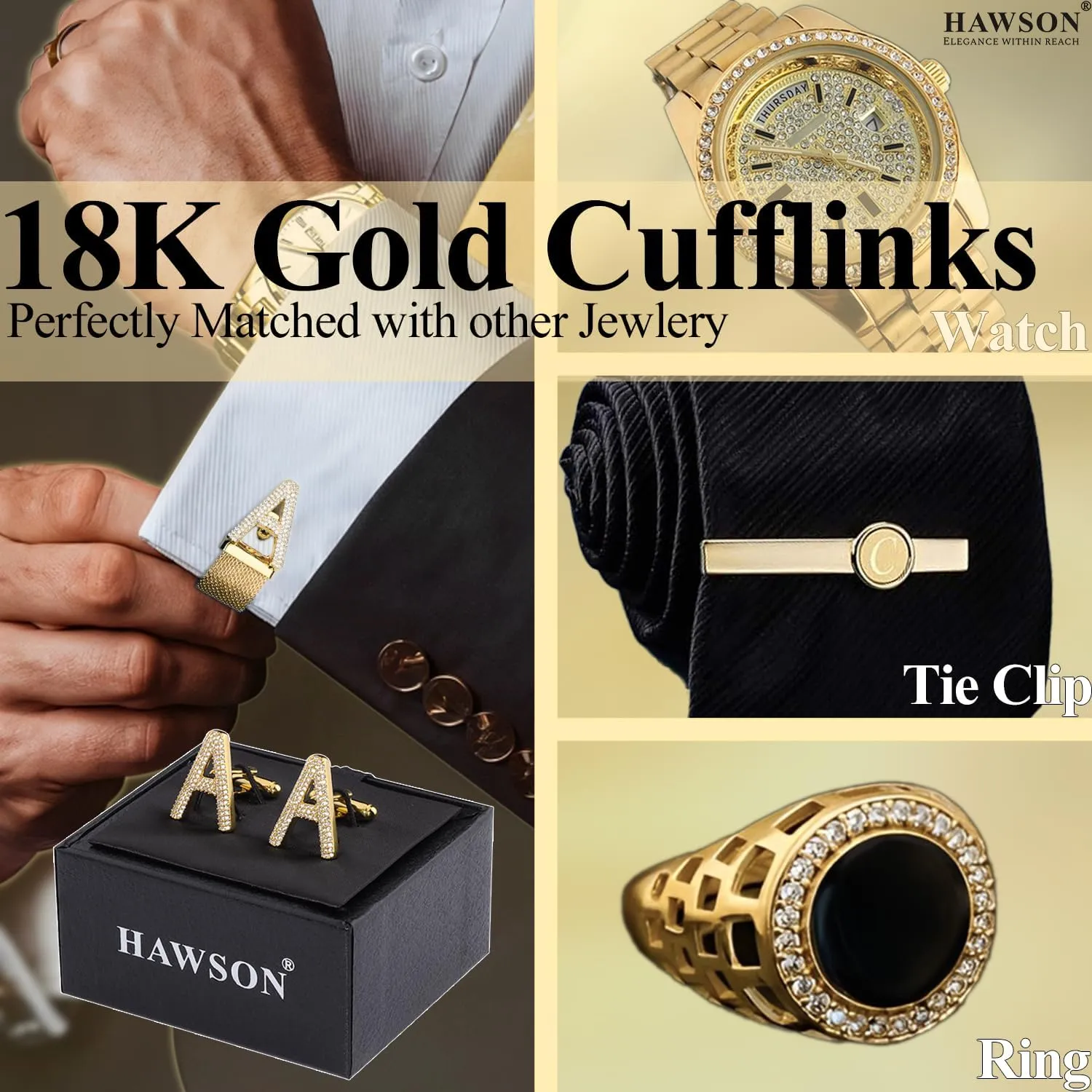 HAWSON Mens Cufflinks with Chain, Personalized A-Z Initial Cuff Links for Groom Husband Father Shirt - 18K Gold