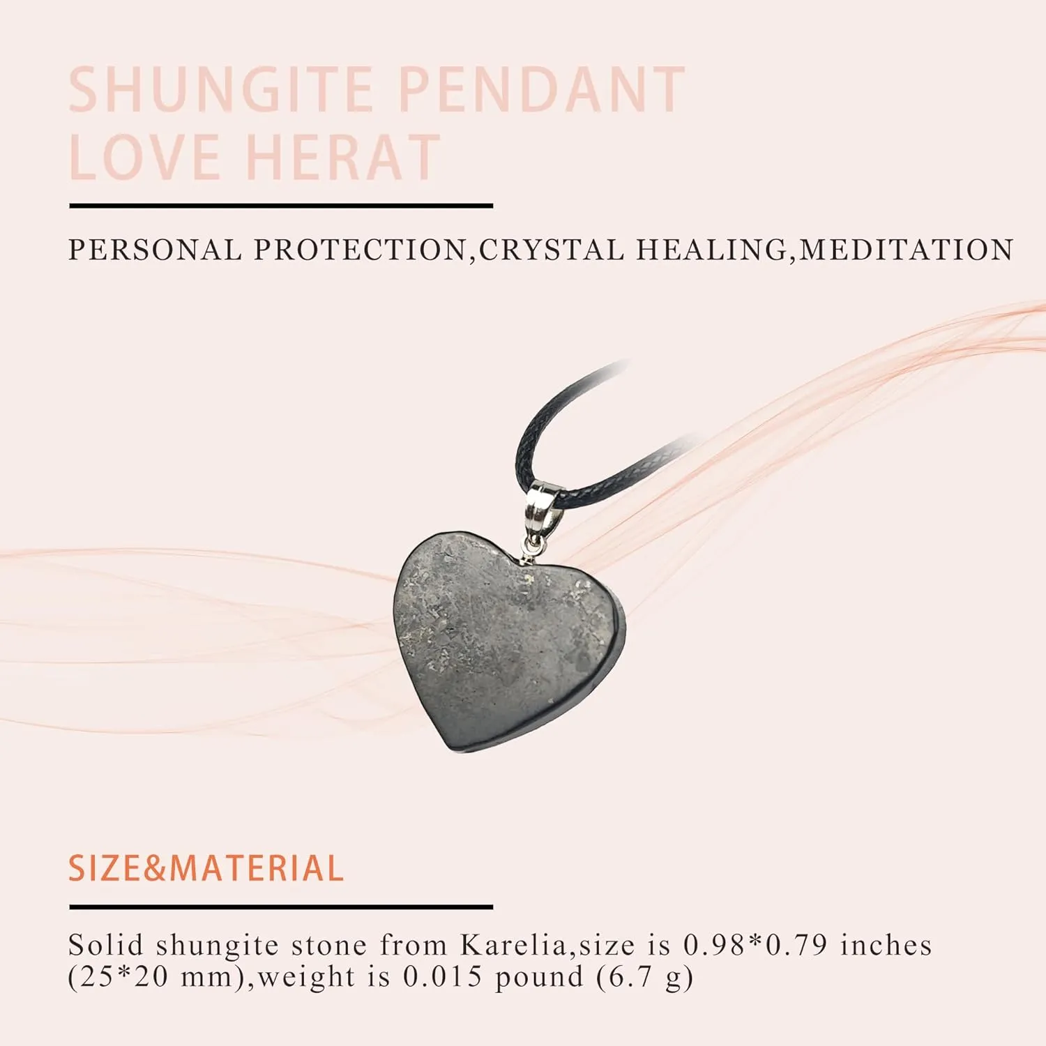Heart Shaped Shungite Pendant Necklace Stone with Black Cord, Healing Crystal Jewelry for Women and Men