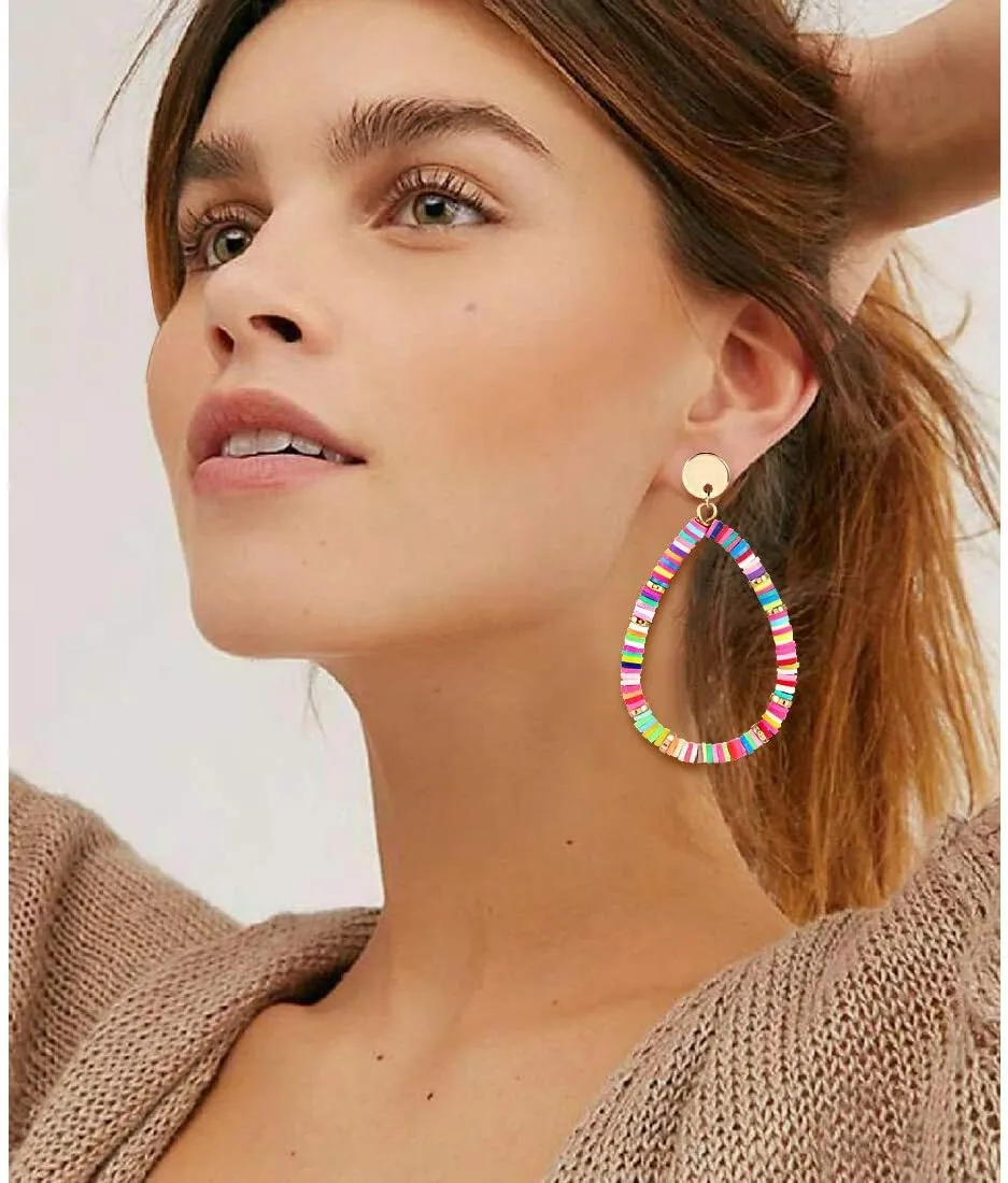 Heishi Bead Drop Earrings for Women Rainbow Vinyl Disc Bead Hoop Dangle Earring Studs Handmade Bohemia Summer Beach Jewelry