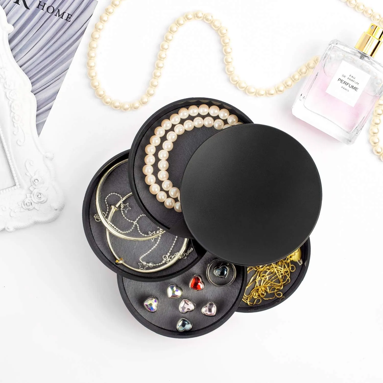 HengLiSam Jewelry Organizer, Small Jewelry Box Earring Holder for Women, Jewelry Storage Box 4-Layer Rotatable Jewelry Accessory Storage Tray with Lid for Rings Bracelets
