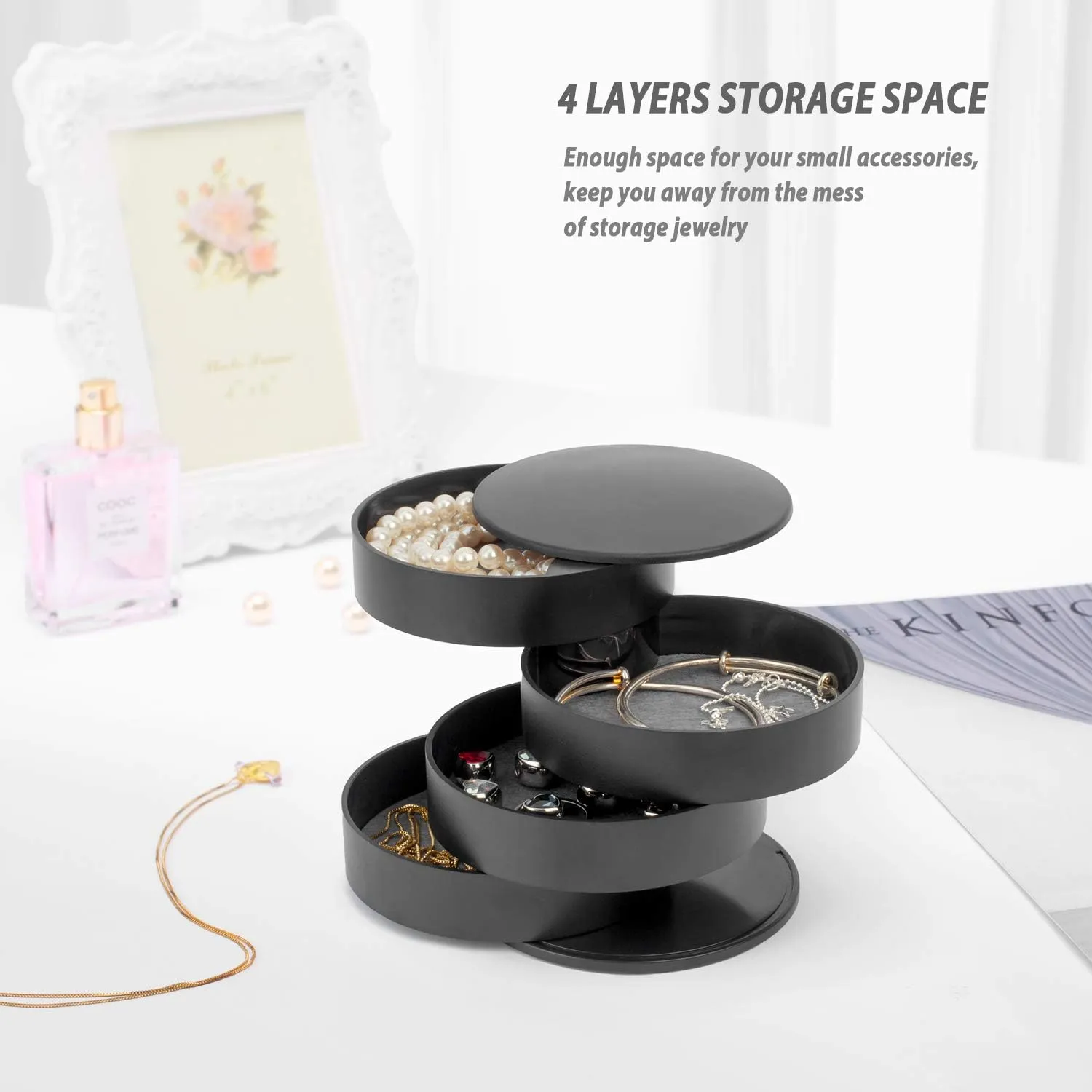 HengLiSam Jewelry Organizer, Small Jewelry Box Earring Holder for Women, Jewelry Storage Box 4-Layer Rotatable Jewelry Accessory Storage Tray with Lid for Rings Bracelets