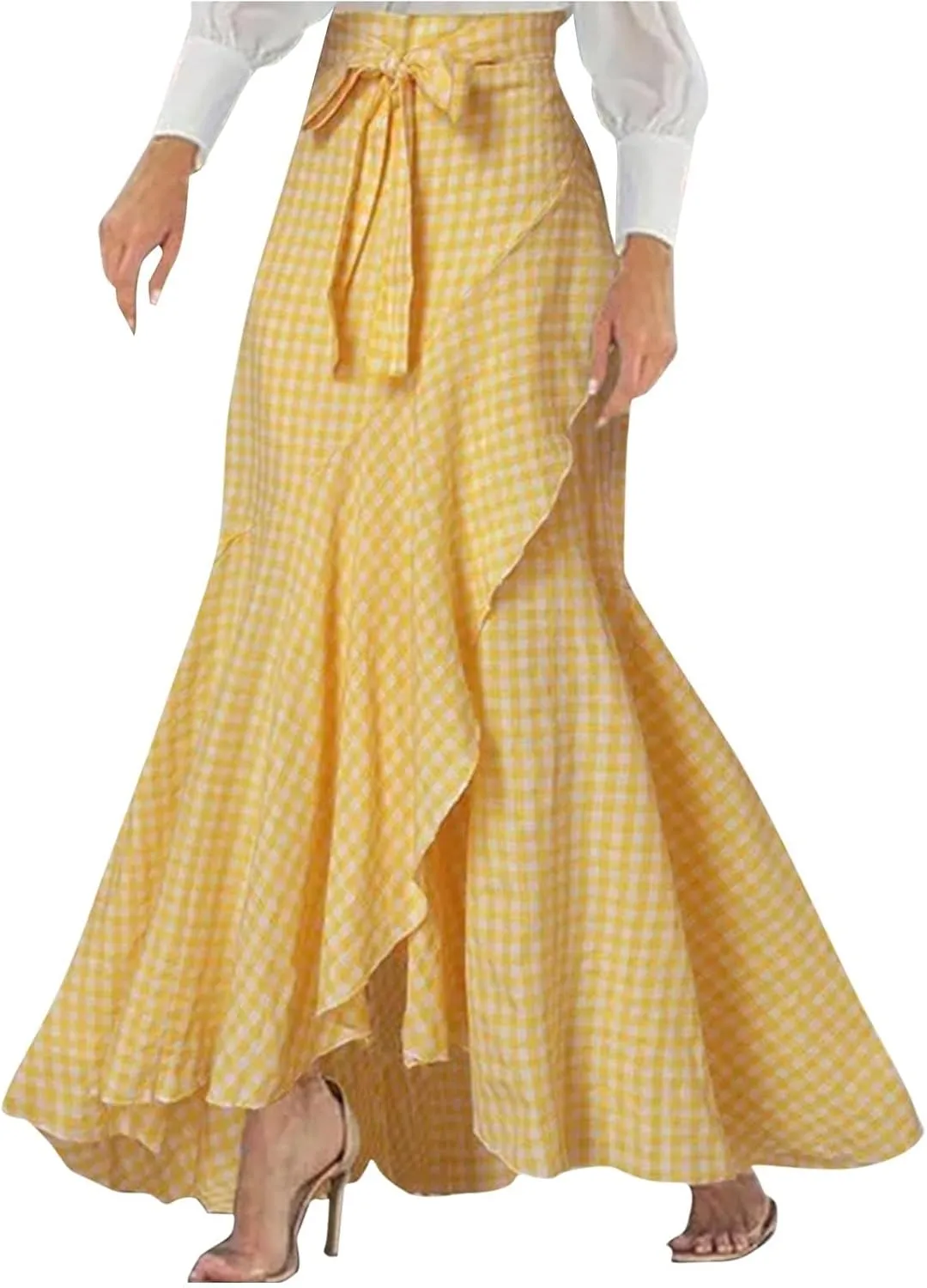 HGps8w Women's Elegant Plaid Maxi Skirt Ruffle Hem High Waisted Asymmetrical Belted Flowy Long Skirts