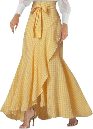 HGps8w Women's Elegant Plaid Maxi Skirt Ruffle Hem High Waisted Asymmetrical Belted Flowy Long Skirts
