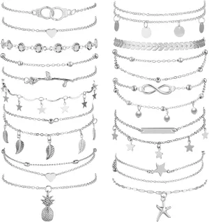 Hicarer 16 Pieces Ankle Bracelets 14K for Women Anklets Set Boho Beach Anklets Foot Chains Adjustable Foot Hand Jewelry Romantic Gift