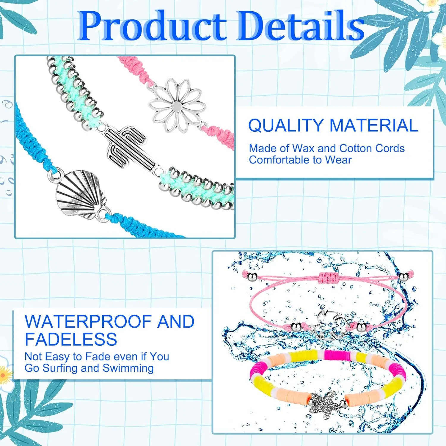 Hicarer 21 Pieces Surfer Wave Bracelet Ocean Wave Adjustable Waterproof Handmade Friendship Bracelet Anklet Jewelry for Women