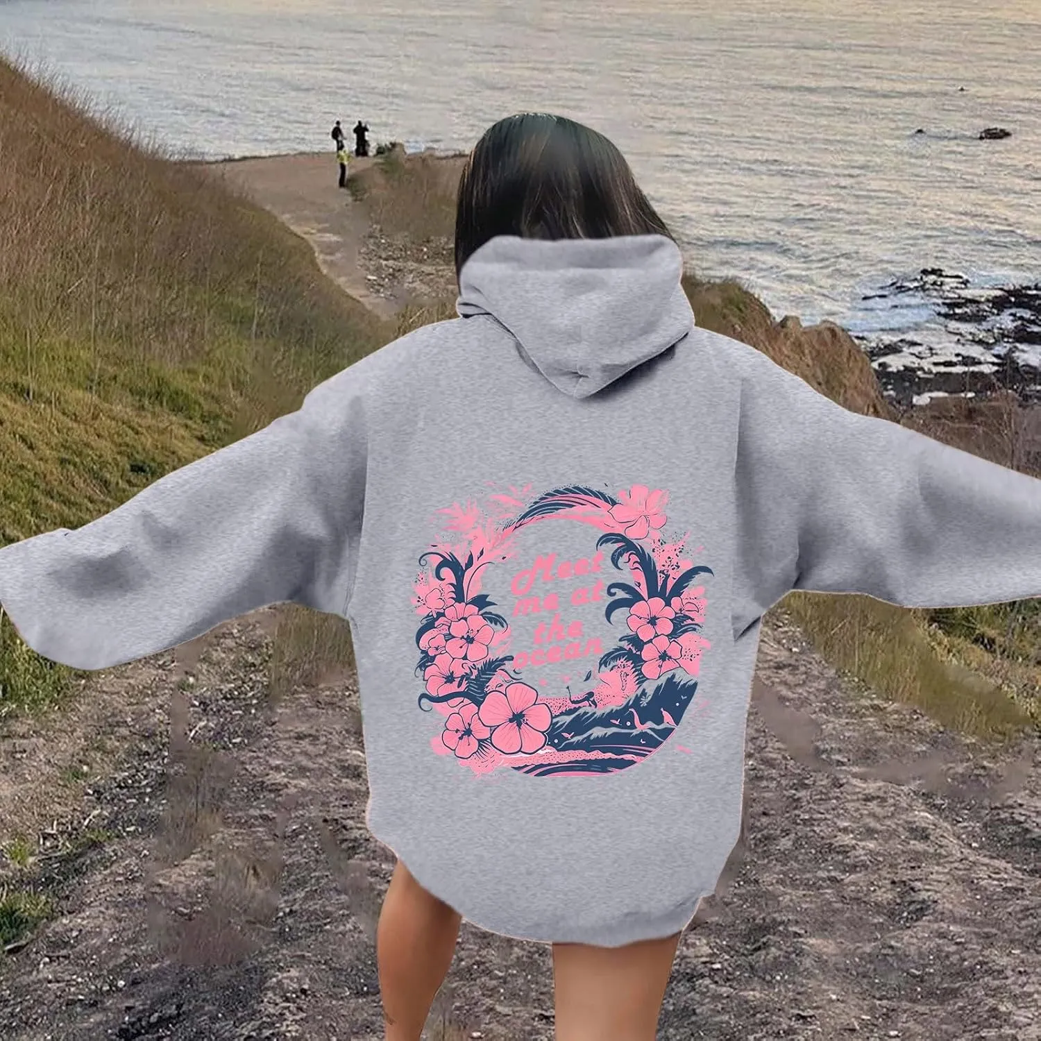 Hoodie for Women Meet Me at The Ocean Oversized Preppy Graphic Sweatshirt Teen Girls Cute Y2K Casual Pullover Tops