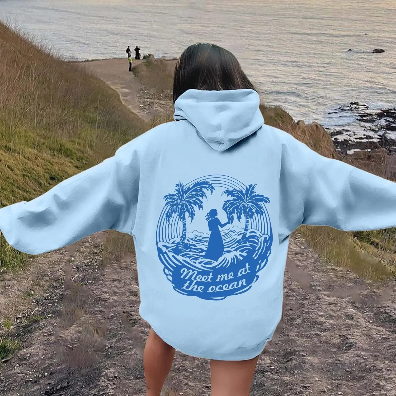 Hoodie for Women Meet Me at The Ocean Oversized Preppy Graphic Sweatshirt Teen Girls Cute Y2K Casual Pullover Tops