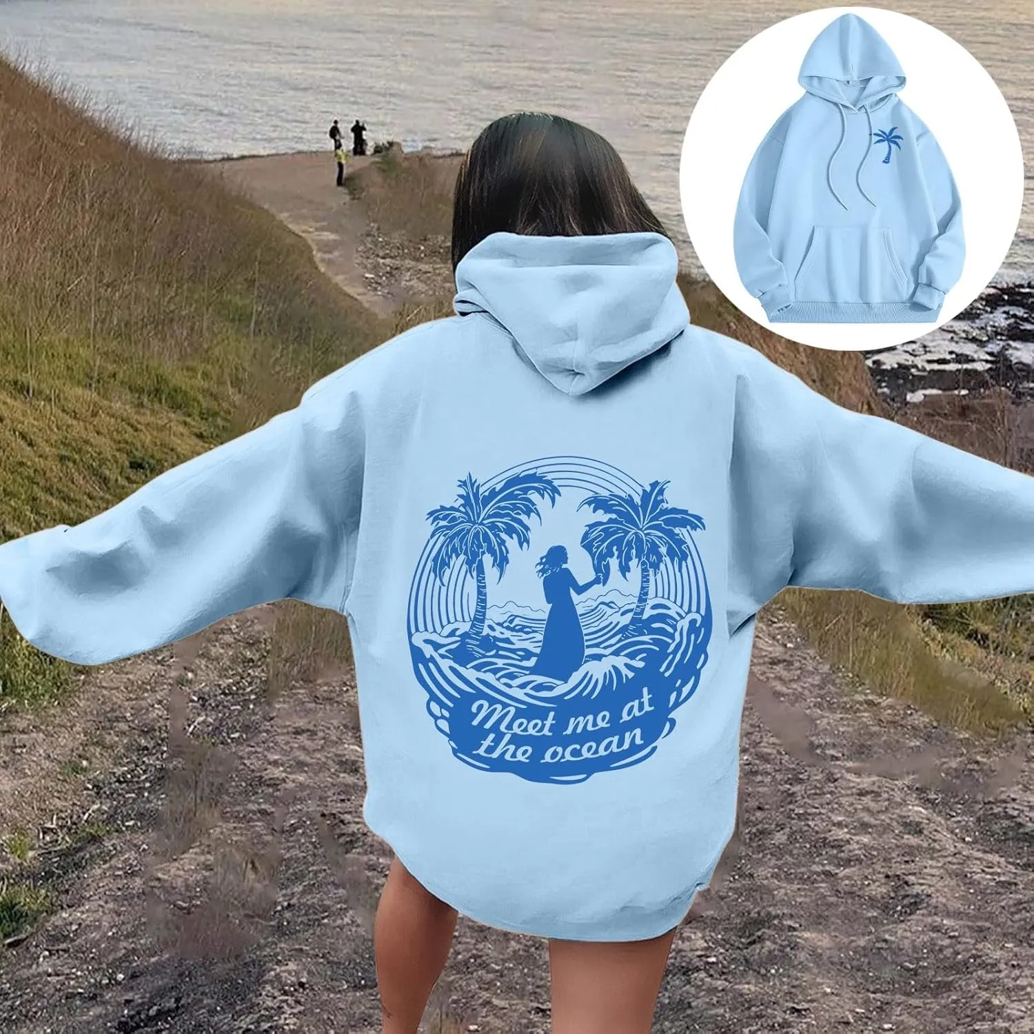 Hoodie for Women Meet Me at The Ocean Oversized Preppy Graphic Sweatshirt Teen Girls Cute Y2K Casual Pullover Tops