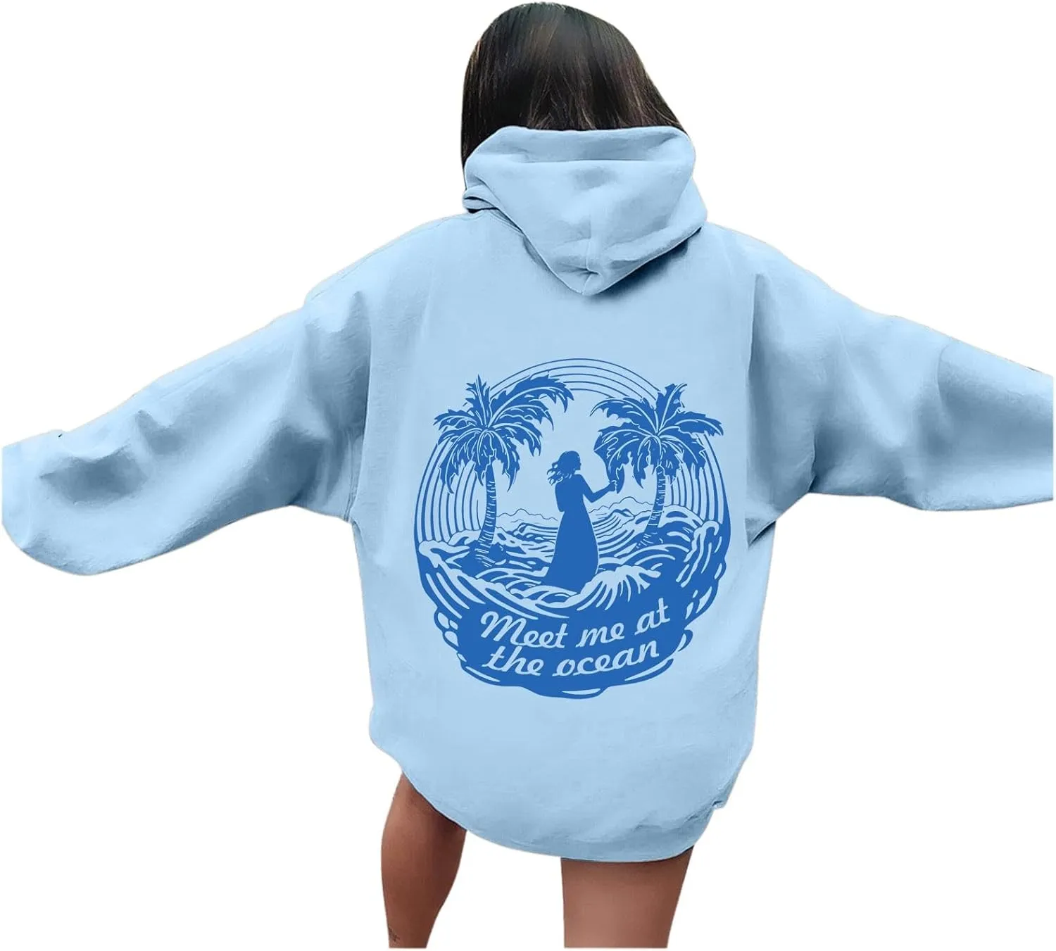Hoodie for Women Meet Me at The Ocean Oversized Preppy Graphic Sweatshirt Teen Girls Cute Y2K Casual Pullover Tops